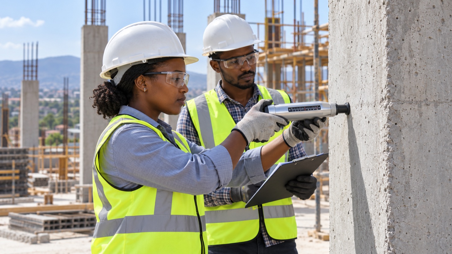 African technicians inspecting a concrete column